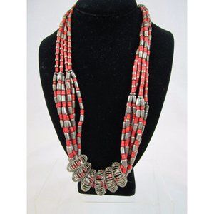 VTG Tribal Necklace Red Silvertone Pewter ? Bohemian BOHO 12" drop 4 Strand